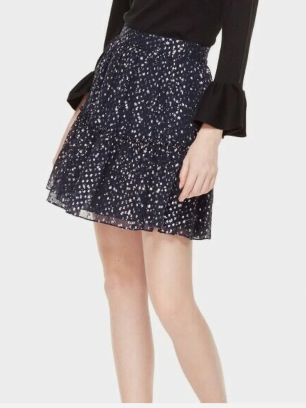 Kate Spade Wmn Night Sky Lurex Dot Stars Navy Silver Ruffle Silk Skirt Sz 0